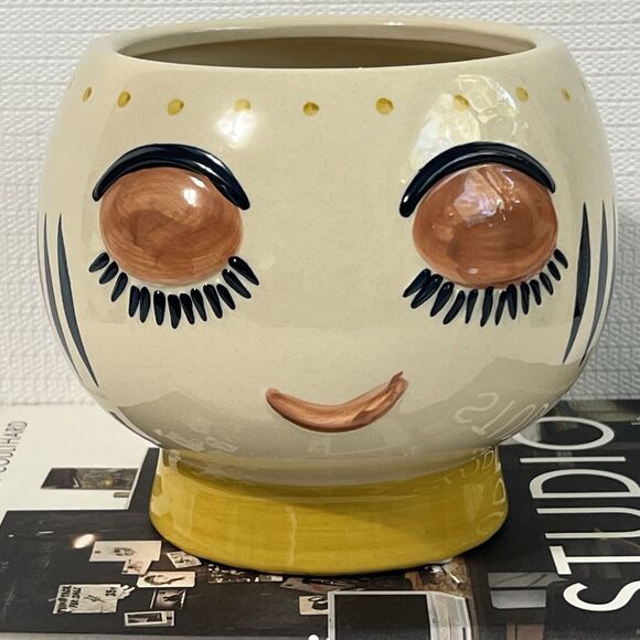 Big Bulgy Eye Face Ceramic Pedestal Planter Flower Pot Multi HANDMADE - Picture 3 of 17